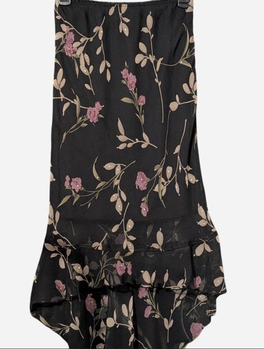Vintage Y2K BeYou Dark Floral Rhinestone Ruffle High Low Mesh Skirt Large